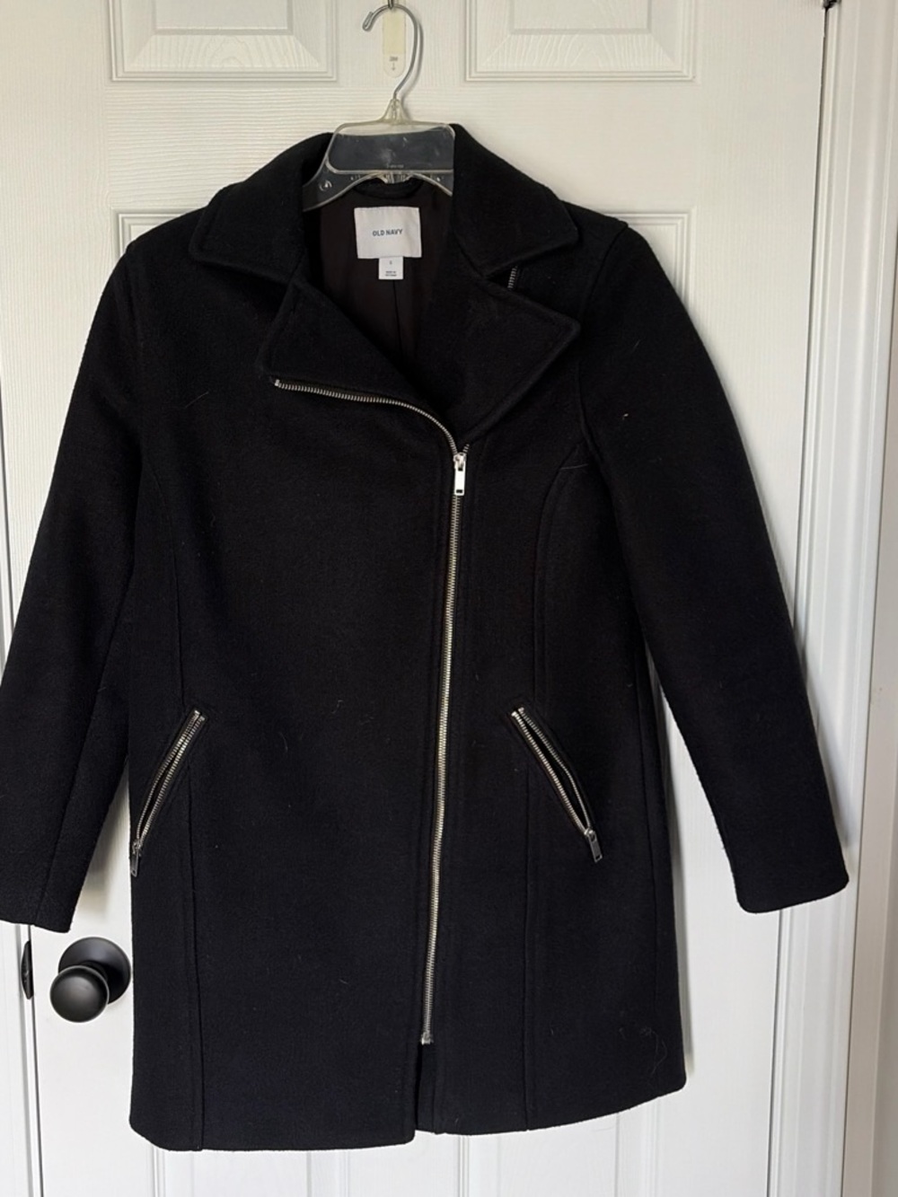 Old Navy Black Asymmetrical Zip Pea Coat with Zippered Pockets
